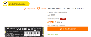 Verbatim Vi3000 2TB - SSD voor €87,89 bij Notebooksbilliger