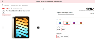Apple iPad Mini (2021) Wi-Fi 256GB Beige voor €619 bij de Mediamarkt