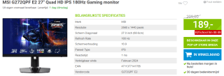 MSI G272QPF E2 27" Quad HD IPS 180Hz Gaming monitor voor €189 bij Megekko