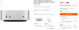 Mini PC Apple Mac mini Apple M4 10 Núcleos/16GB/256GB SSD/GPU 10 Núcleos Ethernet 10G por 599€