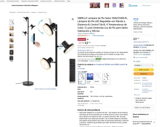 Lampara de Pie Salon SIBRILLE 36W/2500LM LED Regulable con Mando a Distancia & Control Táctil 4 Temperaturas de Color 3 Luces Giratorias por solo 60,53€