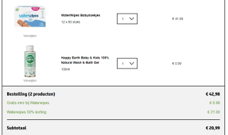 WaterWipes Babydoekjes 12 x 60 stuks met gratis Happy Earth Baby & Kids 100% Natural Wash & Bath Gel voor €20,99 bij Kruidvat