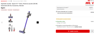 Aspirador escoba -Dyson V11 Extra, Potencia succión 230 AW, Autonomía 60 min, Accesorios por 399€