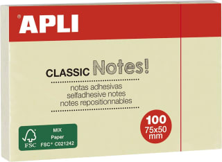 APLI 10971 Notas adhesivas CLASSIC 75 x 50mm bloc de 100 hojas color amarillo por 0,44€