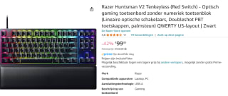 RAZER Huntsman V2 Tenkeyless (Red Switch) voor €99 bij Amazon