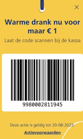 Warme drank voor €1 dmv barcode bij de NS