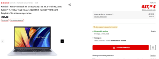 Portátil ASUS Vivobook 15 M1502YA-NJ152, AMD Ryzen 7 7730U, 16GB RAM, 512GB SSD por 437,19€ (newsletter por 427,19€)