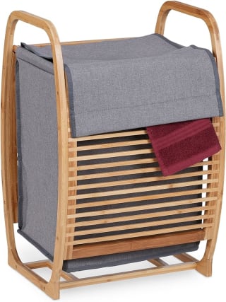 Cesto Ropa Sucia con Tapa, Saco Textil, 37 L, Soporte Bambú por 29,99€