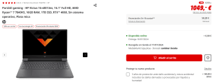 Portátil gaming - HP Victus 16-s0013ns, 16.1" Full HD, AMD Ryzen™ 7 7840HS, 16GB RAM, 1TB SSD, RTX™ 4060, FreeDos por 839.2€