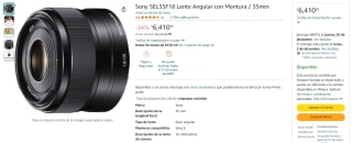 Lente Angular con Montura Sony SEL35F18 35mm por $6,411 | Descuento Amazon