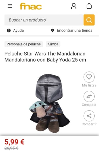 Peluche Star Wars The Mandalorian Mandaloriano con Baby Yoda 25 cm por 5,99€.