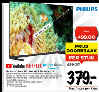 Philips 50 inch 4k Ultra HD Led 50 Inch Smart TV voor €379 bij de Vomar