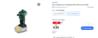 PARKSIDE® accu luchtpomp 20V zonder accu en lader voor €9,99 in de Lidl webshop