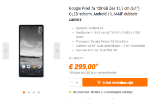 GOOGLE Pixel 7a - 128 GB Blauw voor €299 bij NBB