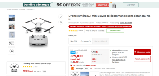 Drone DJI Mini 3 avec Radiocommande RC-N1 - Caméra 4K, 12MP, FOV 82.1°, Stabilisation 3 axes, Portée 10 km, Autonomie 38 min à 329€
