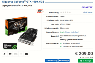 Gigabyte GeForce GTX 1660 OC 6G voor €209 bij Informatique