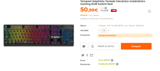 Teclado Mecánico Inalámbrico Gaming RGB Switch Red Tempest Mephisto por 50.99€
