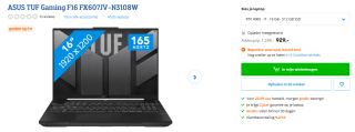 ASUS TUF Gaming F16 FX607JV-N3108W voor €929 bij Coolblue