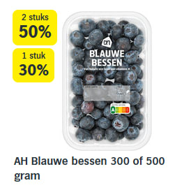 Tot 50% stapelkorting op AH Blauwe bessen 300 of 500 gram