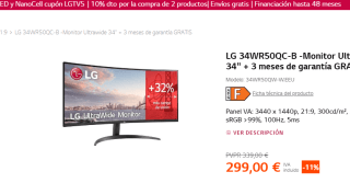Monitor LG 34WR50QC-B Ultrawide 34" + 3 meses de garantía Gratis por 284€
