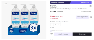 Gel de ducha o baño Sanex Zero% Family para los adultos y niños 750ml. Pack 3 por 8,55€