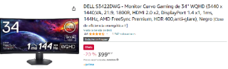 Monitor Curvo Gaming de 34'' WQHD DELL S3422DWG por 399€