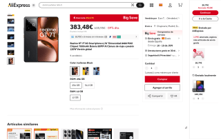 Realme GT 7T smartphone 12GB RAM 256GB almacenamiento por 383,40€