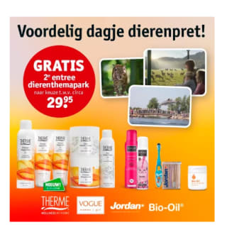 Gratis e-voucher 2e entree dierenthemapark t.w.v. 29.95 bij aankoop van 2 actieproducten bij Kruidvat
