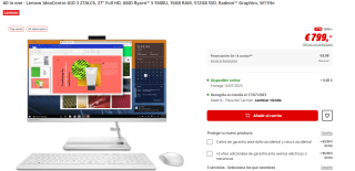 Ordenador All in one - Lenovo IdeaCentre AIO 3 27ALC6, 27" Full HD, AMD Ryzen™ 5 5500U, 16GB RAM, 512GB SSD, Radeon™ Graphics, W11He por 799€