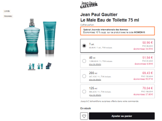 Coffret Le Mâle Jean Paul Gaultier - Eau de Toilette 75ml & Gel Douche 75ml à 50,95€