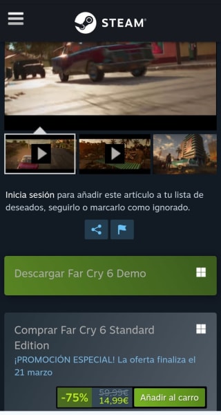 Far Cry 6 desde Steam por 14,99€.