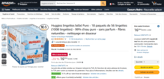 Lot de 18 Paquets de 56 Lingettes Bébé (1008 Lingettes) Huggies Pure à 16,99€
