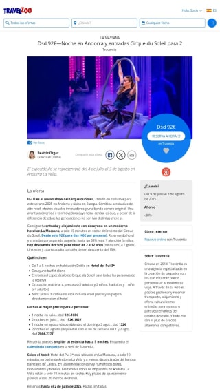 Andorra Noche + Entradas Cirque du Soleil desde 92€ para 2 personas.