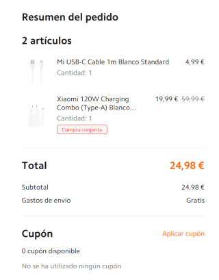 Cargador Xiaomi 120W + Mi USB-C Cable 1m por 24,98€