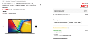 Portátil ASUS Vivobook 15 F1504ZA- NJ1314, 15.6" Full HD, Intel Core i7- 1255U, 16GB RAM, 1TB SSD por 492,15€