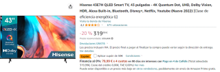 Televisor Hisense 43E7H QLED Smart TV, 43 pulgadas por 269.99€