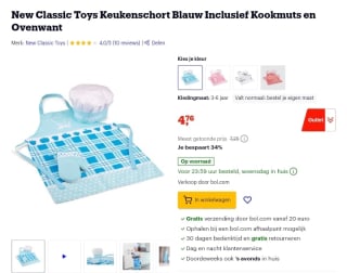 Korting bij Bol.com op New Classic Toys Keukenschort Blauw Inclusief Kookmuts en Ovenwant