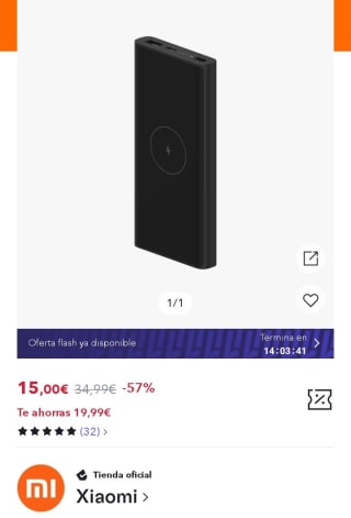 Xiaomi 10W Wireless Power Bank 10000 por 10,50€.