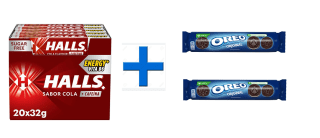 Caja de 20 Paquetes de Halls sabor Cola + 2 Paquetes Oreo Original Sabor Vainilla por 11.2€