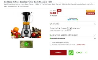 Batidora de Vaso Cecotec Power Black Titanium 1800 por 54€