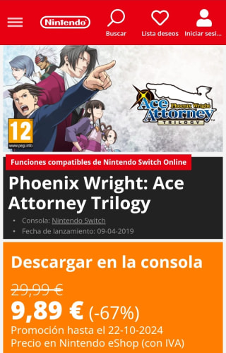 Phoenix Wright: Ace Attorney Nintendo Switch por 9,89€.
