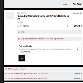 AEG Placa de inducción 7350W IKB63300FW por 361,80€