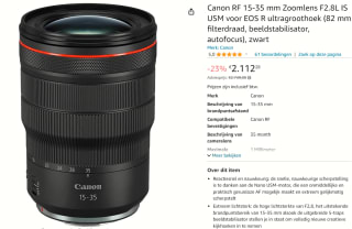 Canon RF 15-35mm F2.8 L IS USM voor €2.112,28 bij Amazon