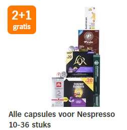 2+1 gratis op alle capsules voor Nespresso 10-36 stuks bij de AH