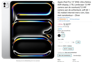 Apple iPad Pro (2024) - 13 inch - Nanotextuur Glas - WiFi + Cellular - 2TB - Zilver voor €2.527 bij Amazon