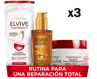 3 Unidades de L'Oreal Paris Elvive Total Repair 5 Pack Reparación Total Champú Reparador 250 ml, Mascarilla Reparadora 300 ml y Aceite Extraordinario 100 ml por 33.3€