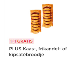 1+1 gratis op een Kaas-, frikandel- of kipsatébroodje bij de Plus