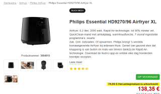 Philips Airfryer XL HD9270/96 voor €79,90 bij Proshop