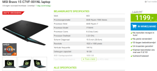 MSI Bravo 15 C7VF 15 C7VF-001NL laptop voor €1.199 bij Megekko