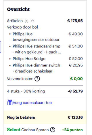 Tot 30% stapelkorting op geselecteerde Philips Hue artikelen bij Bol